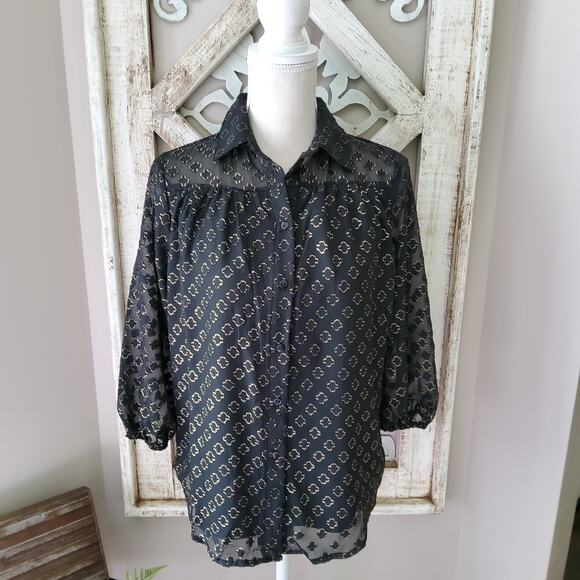 Notations Women's 3/4 Sleeve Foiled Jacquard Chiffon Blouse in Black & Gold - Picture 2 of 10